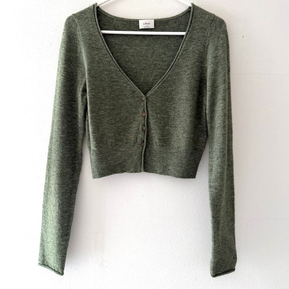Aritzia Wilfred Cardigan M Green Wool Cashmere Blend Cropped Sweater LN
